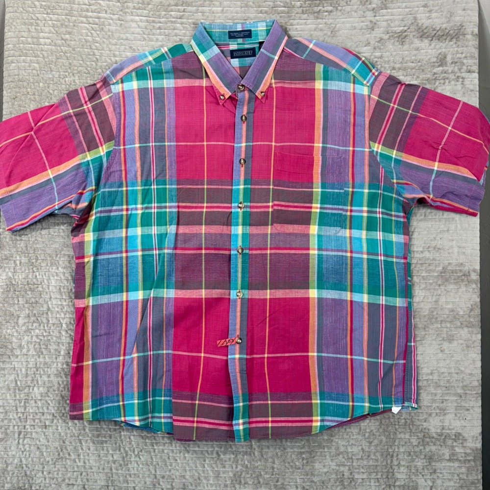 Vintage Lands‎ End Mens XXL Madras Plaid Short Sleeve Button Down Shirt Pink USA